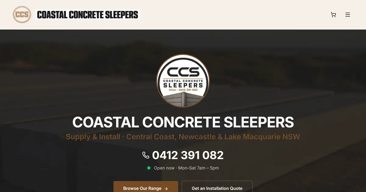 Coastal Concrete Sleepers homepage — dark hero with medallion logo and quote buttons over a sleeper retaining-wall photo
