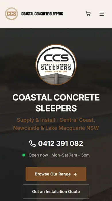 Coastal Concrete Sleepers homepage on a phone — medallion logo, tap-to-call number and quote button above the fold.