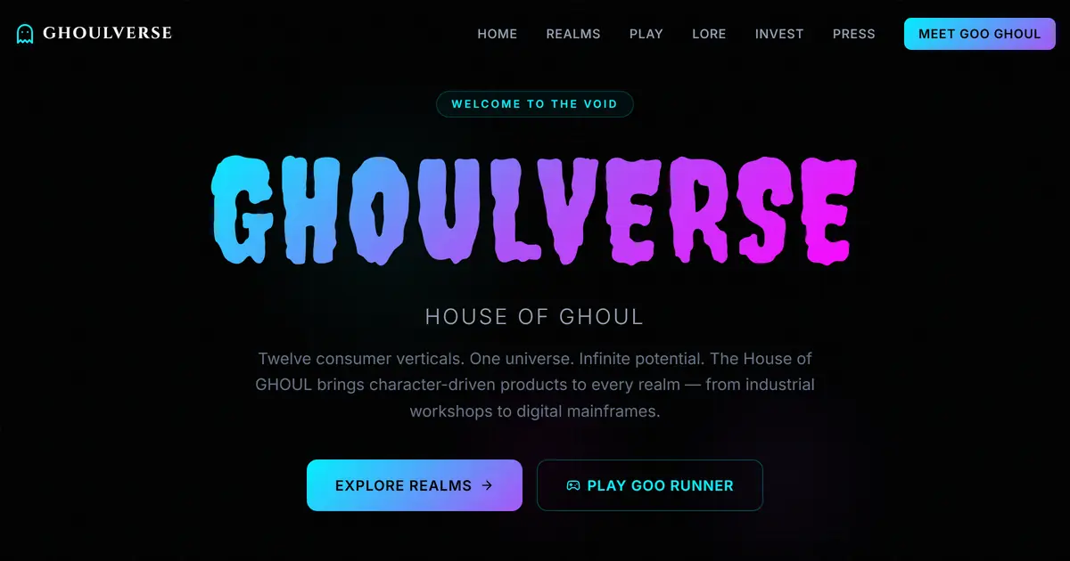 Ghoulverse homepage — neon slime wordmark over a dark brand-world hero