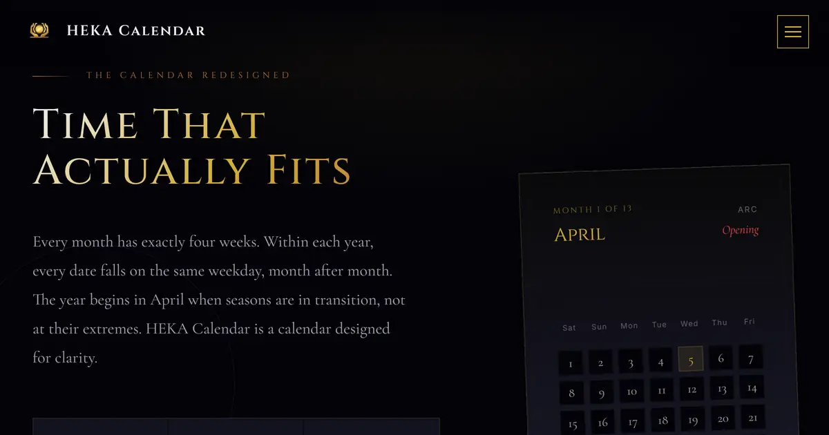 HEKA Calendar homepage — black-and-gold hero 'Time That Actually Fits' beside a live 13-month calendar card