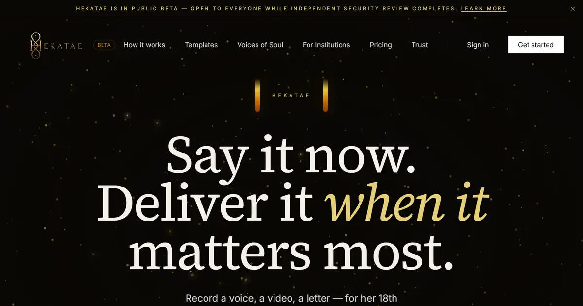 Hekatae homepage — dark editorial hero with a serif headline and candle-mark motif