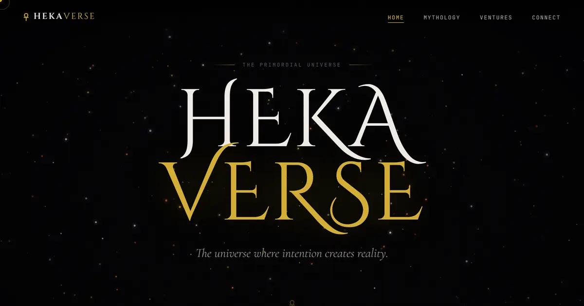 HEKAVERSE homepage — minimal ivory-and-gold serif wordmark over a starfield