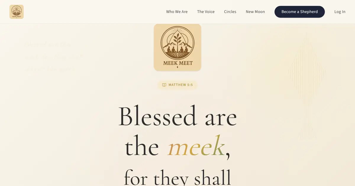 Meek Meet homepage — ivory editorial hero with emblem logo and the headline 'Blessed are the meek'
