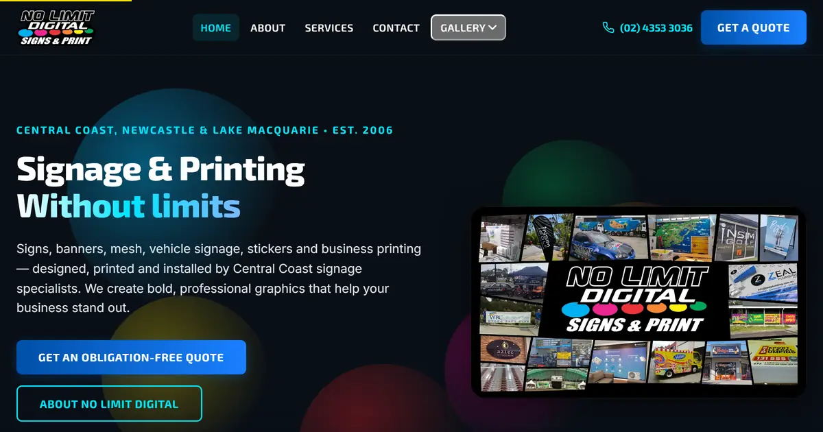 No Limit Digital homepage — dark hero with a cyan gradient headline 'Signage & Printing Without limits' beside a collage of signage and vehicle-wrap work