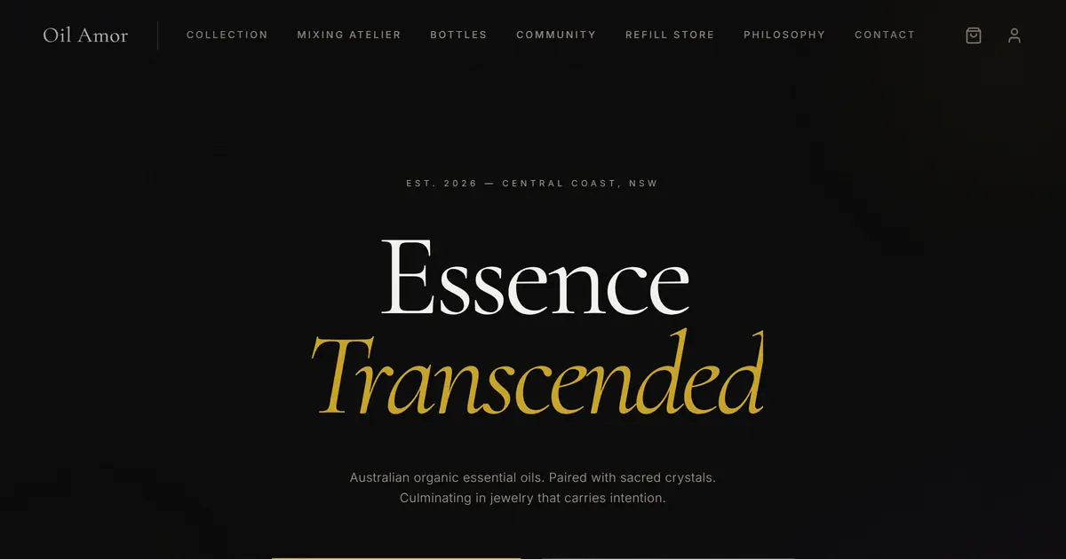 Oil Amor homepage — dark hero with ivory-and-gold serif headline 'Essence Transcended' over a black backdrop