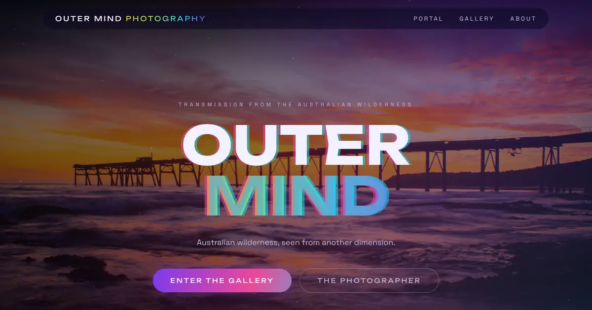 Outer Mind Photography homepage — sunset pier photograph behind a chromatic 'Outer Mind' display headline
