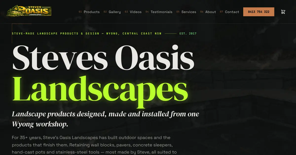 Steves Oasis Landscapes homepage — dark editorial hero with glowing green display type over a landscaped-garden photograph