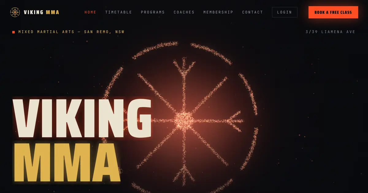 Viking MMA homepage — dark hero with a glowing Vegvisir compass and bold 'Viking MMA' type beside a Book a free class button
